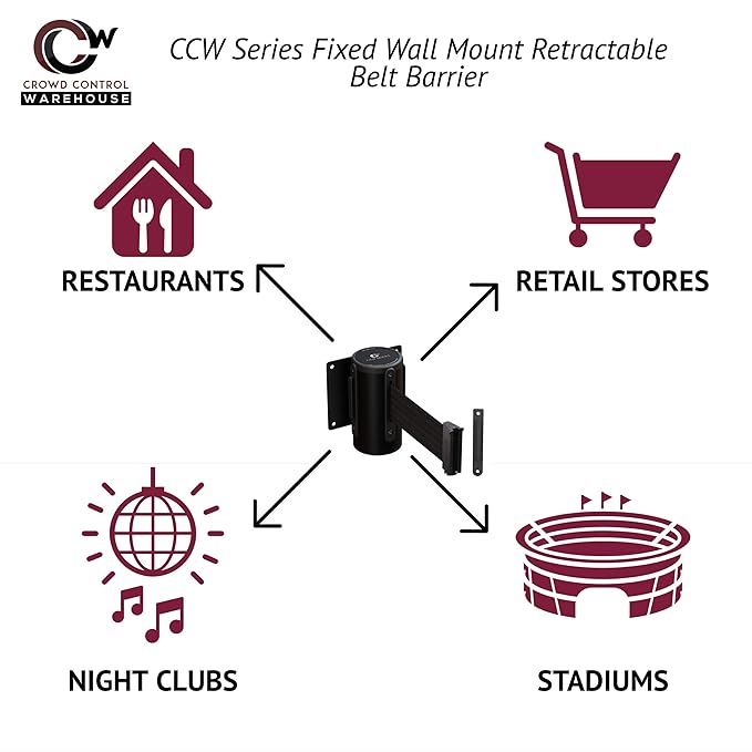 Crowd Control Warehouse - CCW Series WMB-125 Fixed Wall Mount Retractable Belt Barrier - 11 Foot, Red & White Diagonal Stripes Belt with Black Steel Case