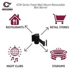 Crowd Control Warehouse - CCW Series WMB-125 Fixed Wall Mount Retractable Belt Barrier - 11 Foot, Red & White Diagonal Stripes Belt with Black Steel Case