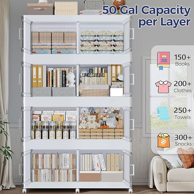 250GAL Storage Bins with Lid and Wheels, Stackable Closet Organizers and Storage Drawer, Collapsible Storages Box with Dividers, Foldable Plastic Cabinets for Room, Kitchen, 5 Pack White