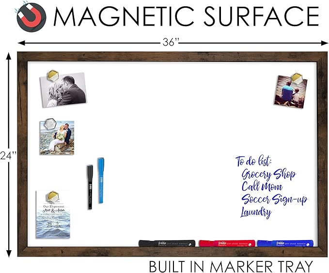 Loddie Doddie Magnetic White Board 24" x 36" - Magnetic Dry Erase Board with Built-in Marker Tray - Rustic Wooden Frame - Whiteboard Wood Frame
