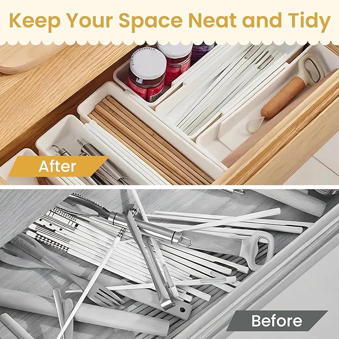 Drawer Organizers Set,Expandable Drawer Organizer Trays,Drawer Organizer Bins for Bedroom,Bathroom, Kitchen, Office (White,4pack)