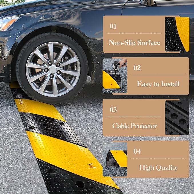6FT Heavy Duty Recycled Rubber Speed Bump, 2 Pack 25,000 Lbs Capacity Modular Traffic Hump, 2 Channel Floor Cord Cover for Parking Lot, School, Warehouse, Durable & Portable