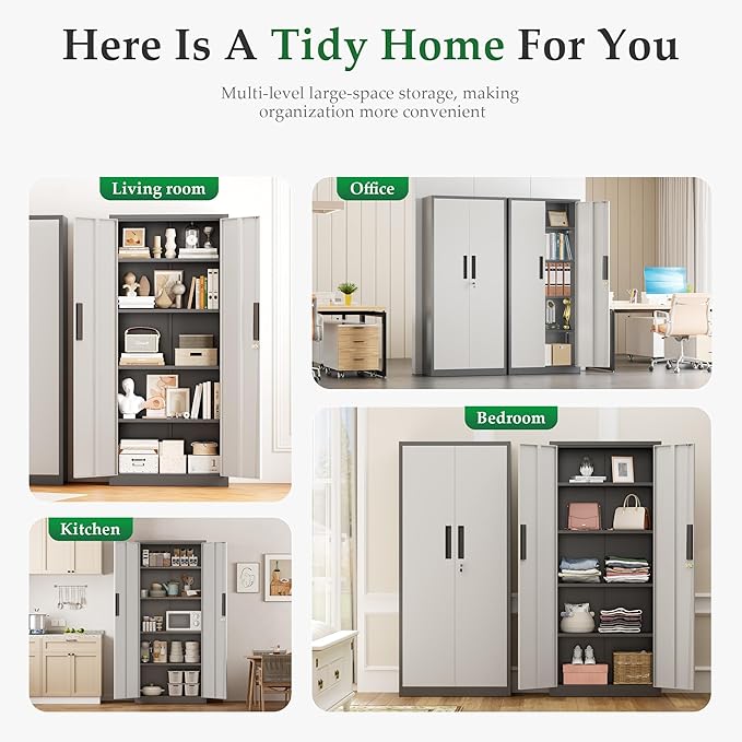 Crownland 63" Metal Storage Cabinet, Lockable Garage Storage Cabinets, High Office Cabinet with Adjustable Shelves for Garage, Home Office, Pantry, File(Grey & Light Grey)