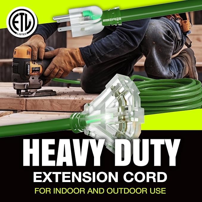 100ft Outdoor/Indoor Extension Cord 3-Outlet 12/3 Gauge Extra Heavy Duty ETL Listed, 3 Prong SJTW, Waterproof, Flexible Cold-Resistant Long Power Cord,15A 125V 1875W, Green by LifeSupplyUSA