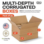Multi-Depth Corrugated Shipping Boxes, 14"L x 12"W x 6"H, 10-Pack - USA-Made Boxes for Moving, Storage & Small Business Packaging - Heavy-Duty Cardboard Bines for Household & Office by IDL Packaging
