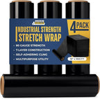Rockin Rolls Black Stretch Wrap 18"x1500 ft, 80 Gauge – 4 Rolls Heavy Duty Pallet Wrap Stretch Film Roll for Packing, Moving & Shipping – Industrial Strength Durable Self Adhering Shrink Wrap Roll