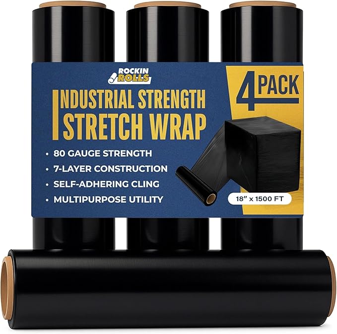Rockin Rolls Black Stretch Wrap 18"x1500 ft, 80 Gauge – 4 Rolls Heavy Duty Pallet Wrap Stretch Film Roll for Packing, Moving & Shipping – Industrial Strength Durable Self Adhering Shrink Wrap Roll