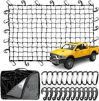 Cargo Net for Pickup Truck Bed, 4'x6' Stretches to 8'x12' Natural Latex Core Heavy Duty Bungee Cargo Net with 12 Carabiners +12 ABS Hooks, Compatible with Ford, Dodge, Chevrolet, Toyota, GMC