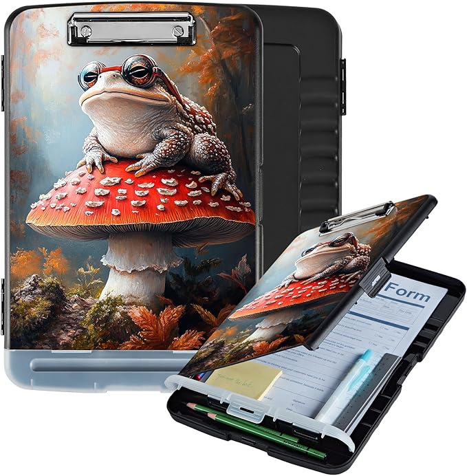Clipboard with Storage Box & Pen Holder,Heavy Duty Clip Boards 8.5x11 for Nursing,High Capacity,School & Office Supplies,Frog Mushroom