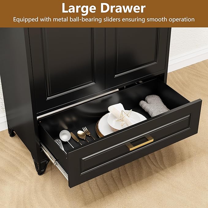 Kitchen Pantry Cabinet, 75" Tall Pantry Cabinet with Drawer, Metal Storage Cabinets with Doors and Shelves, Freestanding Food Cupboards for Dining & Living Room, Black, Assembly Required