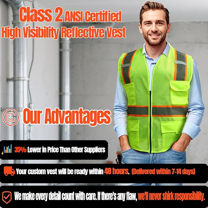 BeautyWill 10/20 Pack Custom Logo Safety Vest,Bulk High Visibility Class 2 Reflective Work Vests
