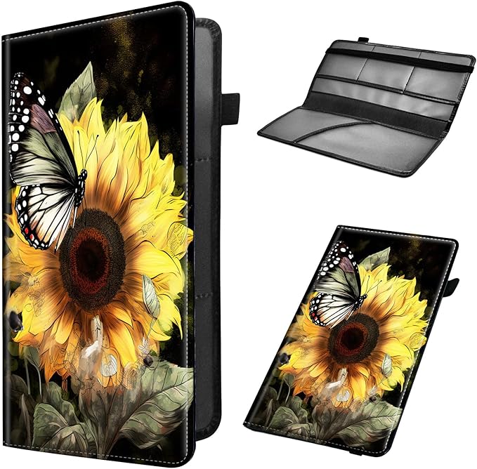 Car Registration and Insurance Holder, Leather Car Glove Box Organizer, Cool Car Accessories for ID, Driver's License Cards & Essential Document,business cards,Men&Women,Sunflowers Butterfly