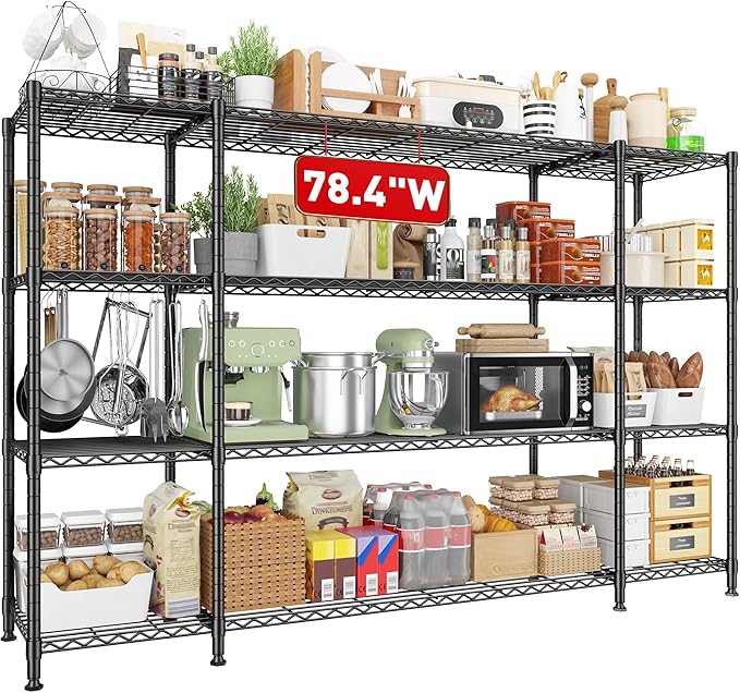 REIBII 78.4''W Wire Shelving Garage Shelving Unit Load 1500LBS,4 Tier Metal Shelving with Adjustable Metal Shelf Storage Shelves for Pantry Shelves Commercial Shelf Kitchen Garage 11.8''Dx59''H