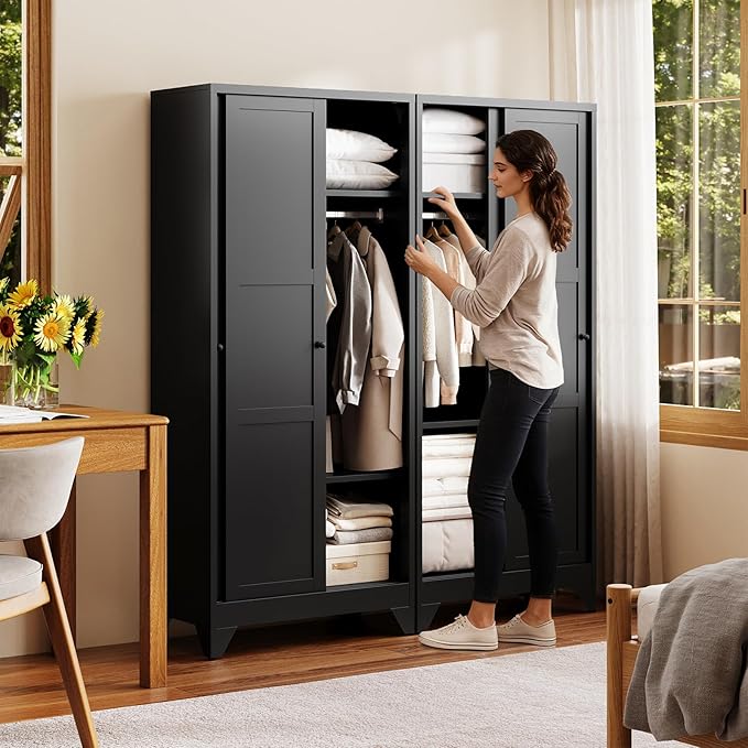 Letaya Metal Wardrobe Cabinets,68" Tall Armoire Wardrobe Closet with Sliding Barn Doors and Shelves,Large Coat Closet Cabinet with Hanging Rod,Clothing Storage Cabinets for Home Room (Black)