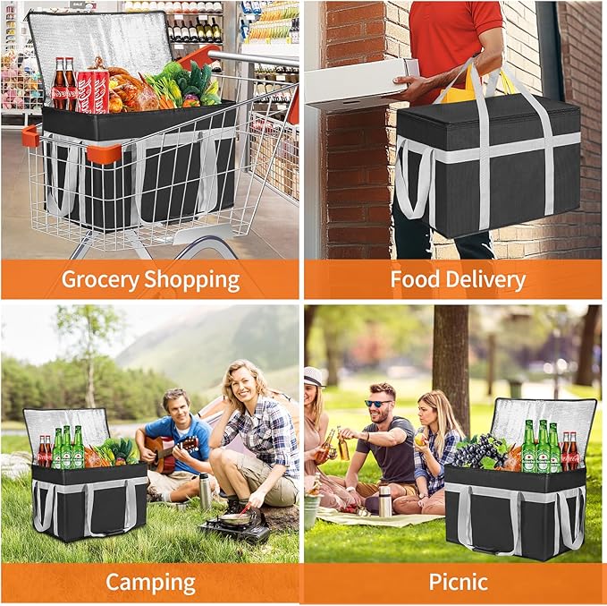 XXXL Insulated Food Delivery Bag with Removable Hard Bottom, Reusable Insulated Grocery Bag for Hot and Cold Food, Catering Cooler for Doordash, Warmers, Parties (Black,1 Pack)