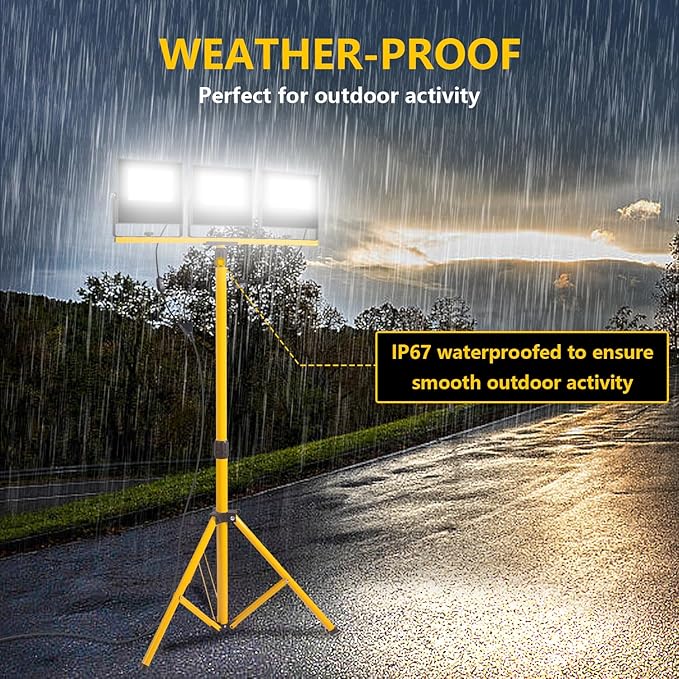 36000 Lumen Work Lights with Stand, 3 Adjustable Head LED Work Light with Adjustable and Foldable Tripod Stand, IP67 Waterproof Lamp Individual Switch with 16FT Cord for Outdoor Construction Lighting