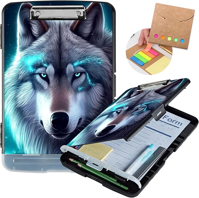Clipboard with Storage,Heavy Duty Plastic Storage Clipboard with Low Profile Clip,Teacher Must Haves,Office Supplies,Galaxy Wolfs Cyan