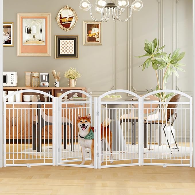 Folding No-Assembly Metal Freestanding Dog Gate with Door Walk Through,32" Height Pet Fence,96" Extra Wide Accordion Puppy Folding Playpen for Doorways,House,Stairs (4 Panels,White)