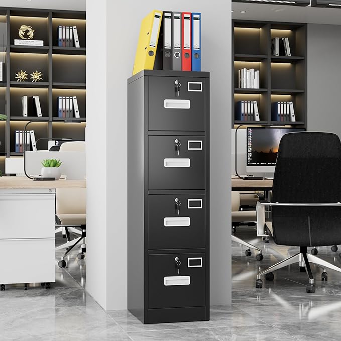 Aobabo 4 Drawer File Cabinet, Metal Filing Cabinet with Lock for Office Letter/Legal Size,Black,Required-Assembly