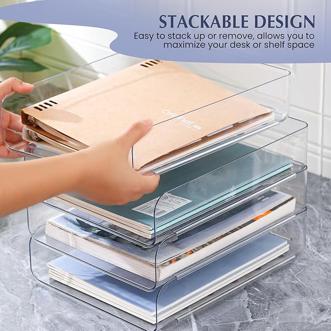 2 Pack Stackable Paper Tray, Acrylic File Organizer for Desk, Office Organizer and Storage for Desk Accessories, Notes, Books, File Paper, Document