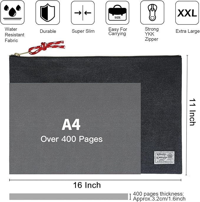 Rough Enough Important Document Storage Bag File Folder Organizer Pouch with Zipper Black Waxed Canvas Water Repellent for Travel Office Home