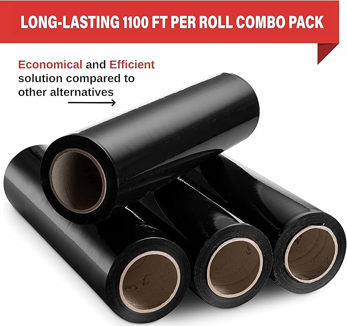 Black Stretch Wrap Industrial Strength Extra Thick 4 Pack 18" 1100 SqFt 80 Gauge (20 Micron) Shrink Wrap Roll for Moving Supplies, Furniture, Pallets, Plastic Wrap for Packing, Stretch Film