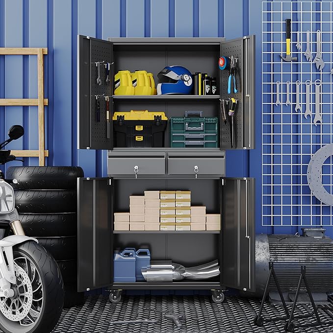 Aobabo Metal Garage Storage Cabinet with Wheels and 2 Locking Drawers, 71" H Steel Rolling Cabinet with 8 Hooks and 2 Adjustable Shelves for Home, Office, Assembly Required, Black