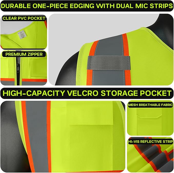 Safety Vest Customize Logo with 5 Pockets & Zipper Reflective High Visibility Vest Class 2 Outdoor Workwear