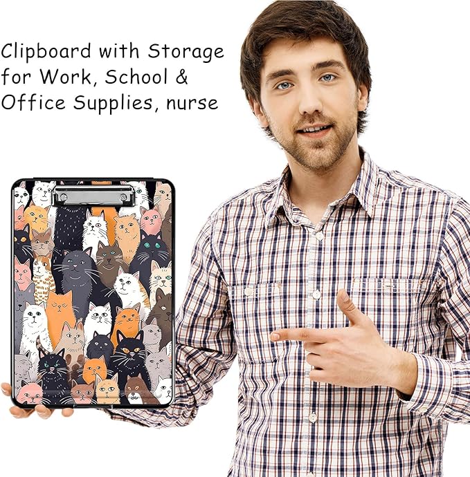 Clipboard with Storage, High Capacity Plastic Storage Clipboard with Low Profile Clip for Women Teachers Work, School & Office Supplies, Cute Pattern Decorative Clipboards, Cat