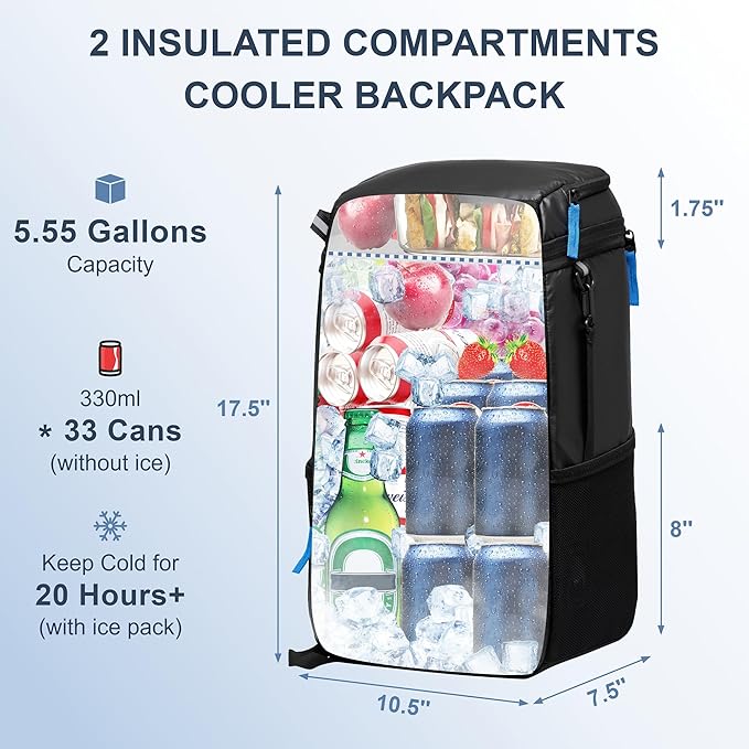 SPARTER Backpack Cooler Insulated Leak Proof 33/49 Cans, 2 Insulated Compartments Thermal Bag, Portable Lightweight Beach Travel Camping Lunch Backpack for Men and Women
