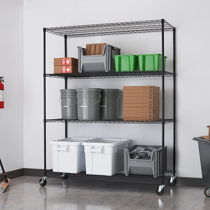 Trinity Basics 4-Tier Adjustable Wire Shelving with Wheels for Kitchen Organization, Garage Storage, Laundry Room, NSF Certified, 600 to 1800 Pound Capacity, 60” by 24” by 72”, Black
