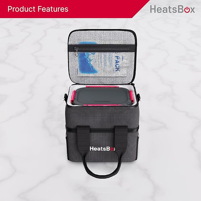 HeatsBox Insulated Food Carrier Bag - Keep Your Meals Cold and Ready to Heat - Black, 2 Compartments - Carry Bag