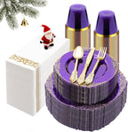 350PCS Clear Purple Plastic Plates for 50 Guests, Disposable Plates with Gold Trim include 50 Dinner Plates, 50 Dessert Plates, 150 Gold Silverware, 50 Cups, 50 Napkins for Party, Wedding
