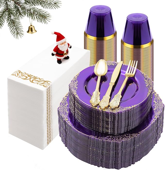 350PCS Clear Purple Plastic Plates for 50 Guests, Disposable Plates with Gold Trim include 50 Dinner Plates, 50 Dessert Plates, 150 Gold Silverware, 50 Cups, 50 Napkins for Party, Wedding