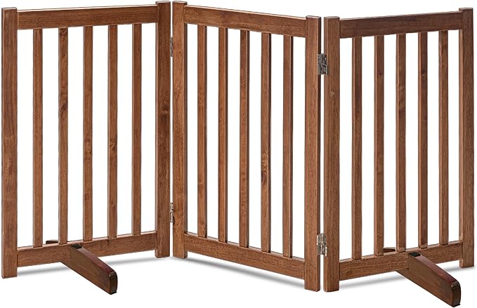 LZRS Freestanding Dog Gate 30 inch Tall - 3 Panels Solid Wooden Pet Gate for Doorways, Stairs & Hallways, Expandable & Foldable with Support Feet，Indoor Use,Oak