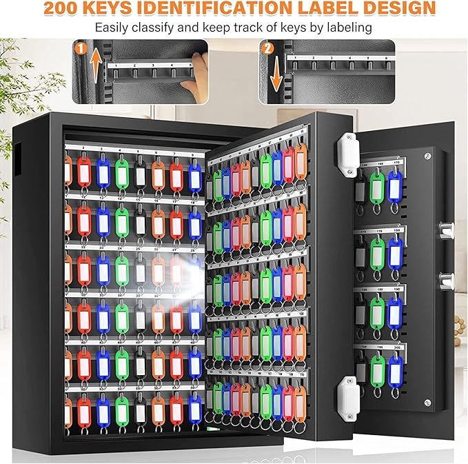 220 Position Large Key Lock Box Wall Mount with Code, Digital Key Cabinet Wall Mount Key Organizer with Key Tags, Adjustable Key Safe Key Holder for Car, Hotels, Office, House