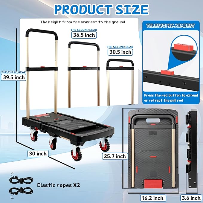 Heavy Duty 500lbs Capacity Hand Truck Collapsible Cart w/Brake Wheel, Retractable Platform & Handle,Sponge Grip,Portable Dolly Cart for Luggage,Camping,Delivery & Storage
