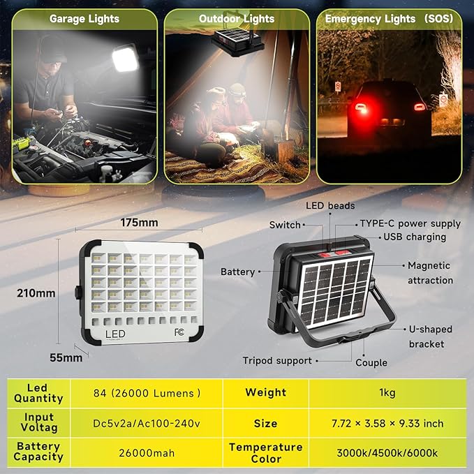 300W LED Solar Work Light, Sinear 26000LM Magnetic Portable Light, 26000mAh Rechargeable with 5 Modes, IP66 Waterproof for Outdoor Camping, Car Repair, Building, Workshop, Garage, Emergency