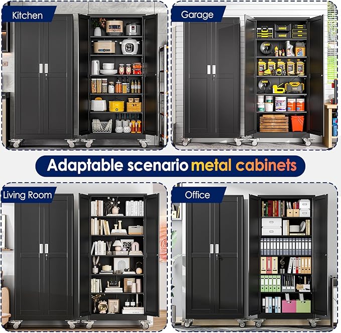 75" H Metal Garage Storage Cabinet, Rolling Tool Cabinet with 2 Doors and Wheels, Locker Steel Cabinet with 5 Adjustable Shelves, Organization Cabinet for Garage,Office,Home,Gym,School（Black）