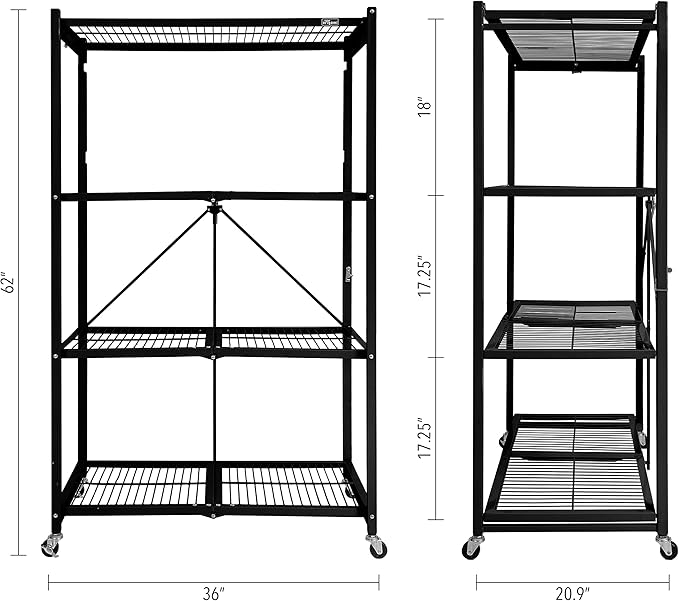 Origami R5 Series Foldable 4-Tier Steel Storage Rack, Pewter – Heavy-Duty Metal Shelving Unit w/ Removable Wheels for Laundry Room or Garage – Rolling Organizer for Home, Office & Warehouse