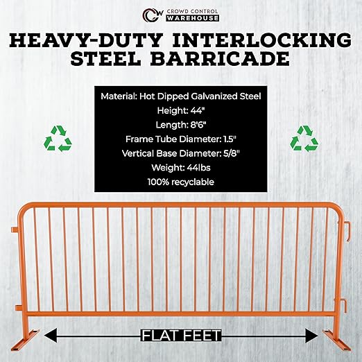 Angry Bull Barricades Metal Interlocking Steel Barricade (8.5 Ft. Heavy Duty, Flat Feet, Orange Powder Coated, Set of 10)
