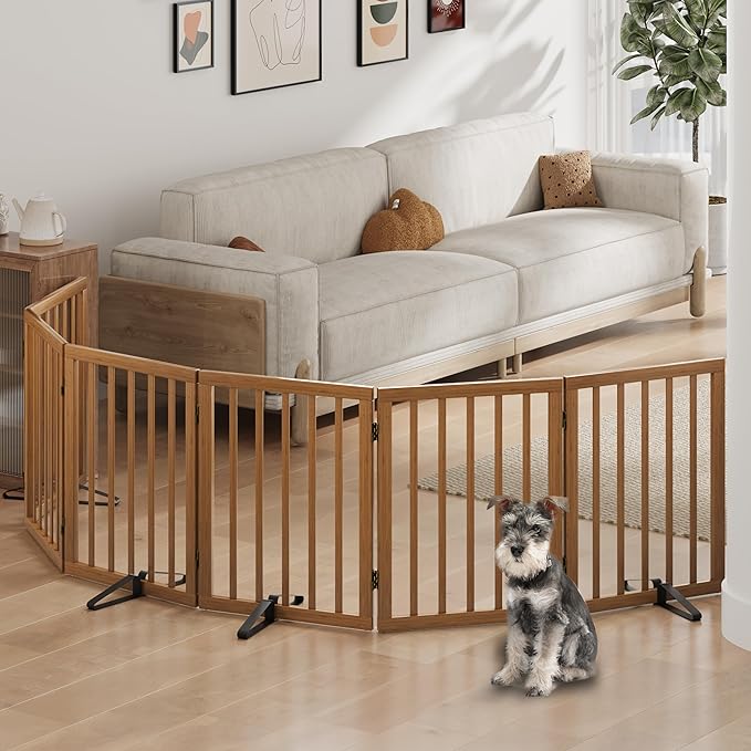 Freestanding Foldable Dog Gate - Indoor Pet Gate with Metal Support Feet, Room Divider 6 Panels (Walnut)