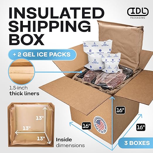 Insulated Thermal Shipping Boxes 16"x16"x16" with 2 Gel Ice Packs, Pack of 3 - USA-Made Cold Food Shipping Box with Absorb Condensation Thermal-Paper Liner - Frozen Food Shipping Kit by IDL Packaging