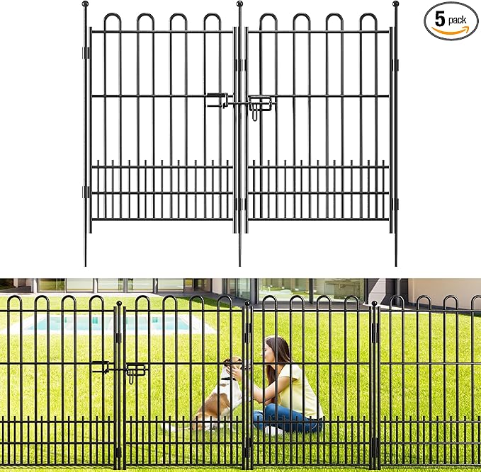 Bepatio Tall Garden Fence Animal Barrier with Gate, 39.5in (H) x 11.5ft (L) 5 Panels Decorative Dog Fence Outdoor for Yard, Heavy Duty Metal Fence Border, Flower Bed, Easy Setup, Black