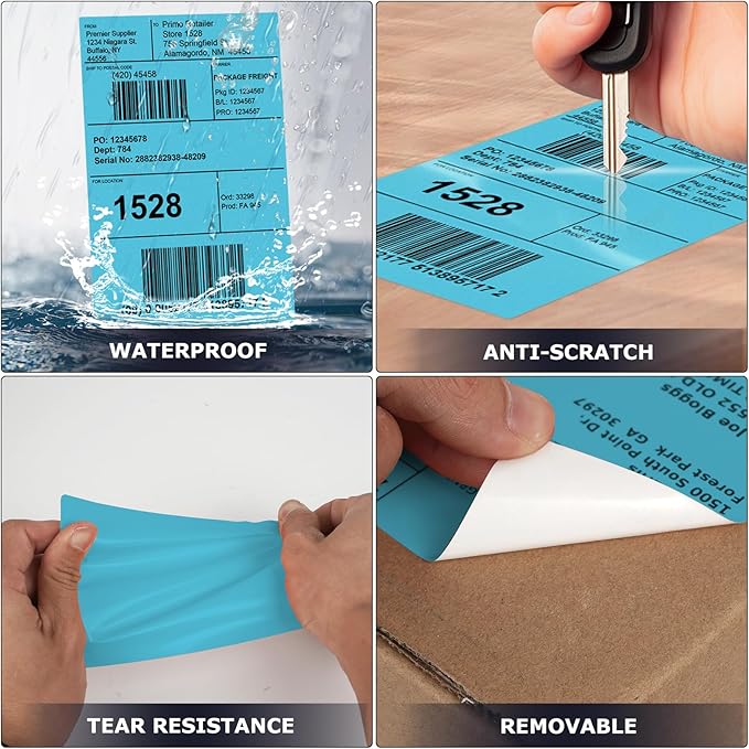 Blue Direct Thermal Labels 4 × 6 Inch Vinyl Self-Adhesive Fanfold Shipping Stickers Waterproof Perforated Printer Decal for Office School Warehouse 500 PCS