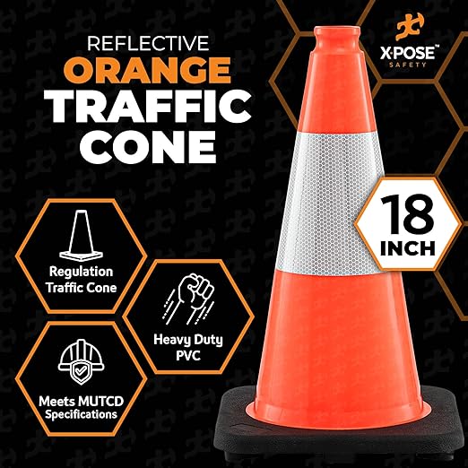Xpose Safety 18 Inch Orange Traffic Cones with 6" Collar - 48 Pack Multipurpose PVC Plastic Safety Cone for Parking, Soccer, Caution, Kids and Construction - DOT Approved