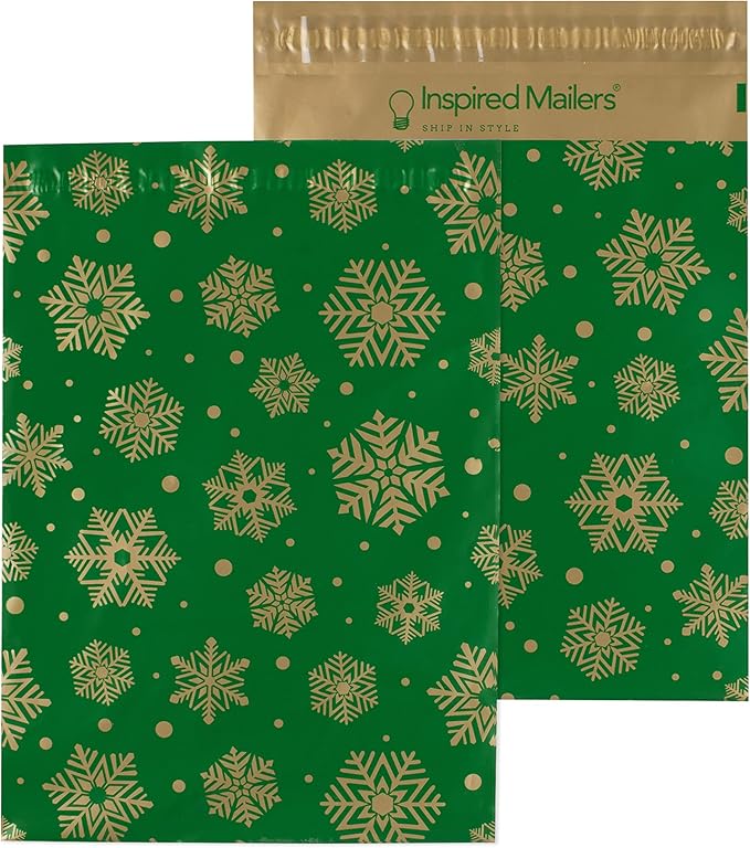 Inspired Mailers - Poly Mailers 14.5 x 19-50 Pack - Gold Snowflakes (Green) - Winter Shipping Envelopes - Large Mailing Bags - Packing Bags for Shipping