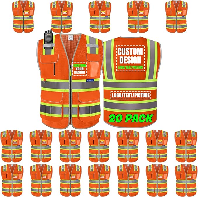 BeautyWill Custom Logo 10 Pockets Safety Vest Class2 ANSI Certified High Visibility Reflective Vest