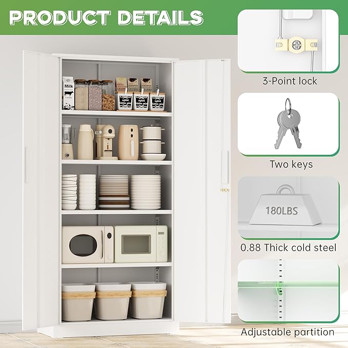 INTERGREAT Metal Storage Cabinet with Lock, 61" H Metal Cabinets Storage with 2 Doors and 4 Adjustable Shelves, Locking Garage Cabinet for Home Office, Kitchen, Bathroom (White)