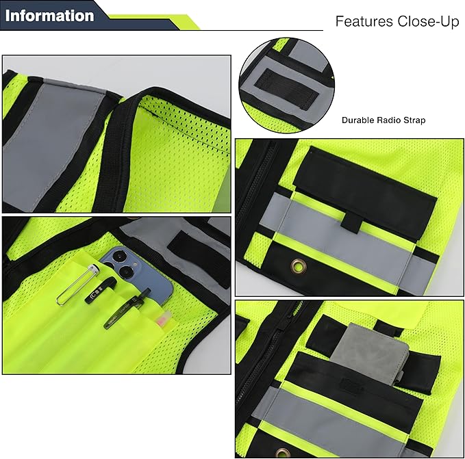 Class 2 High Visibility Reflective Safety Vests Women & Men With 15 Pockets And Zipper Front,Meets Ansi/Isea Standards